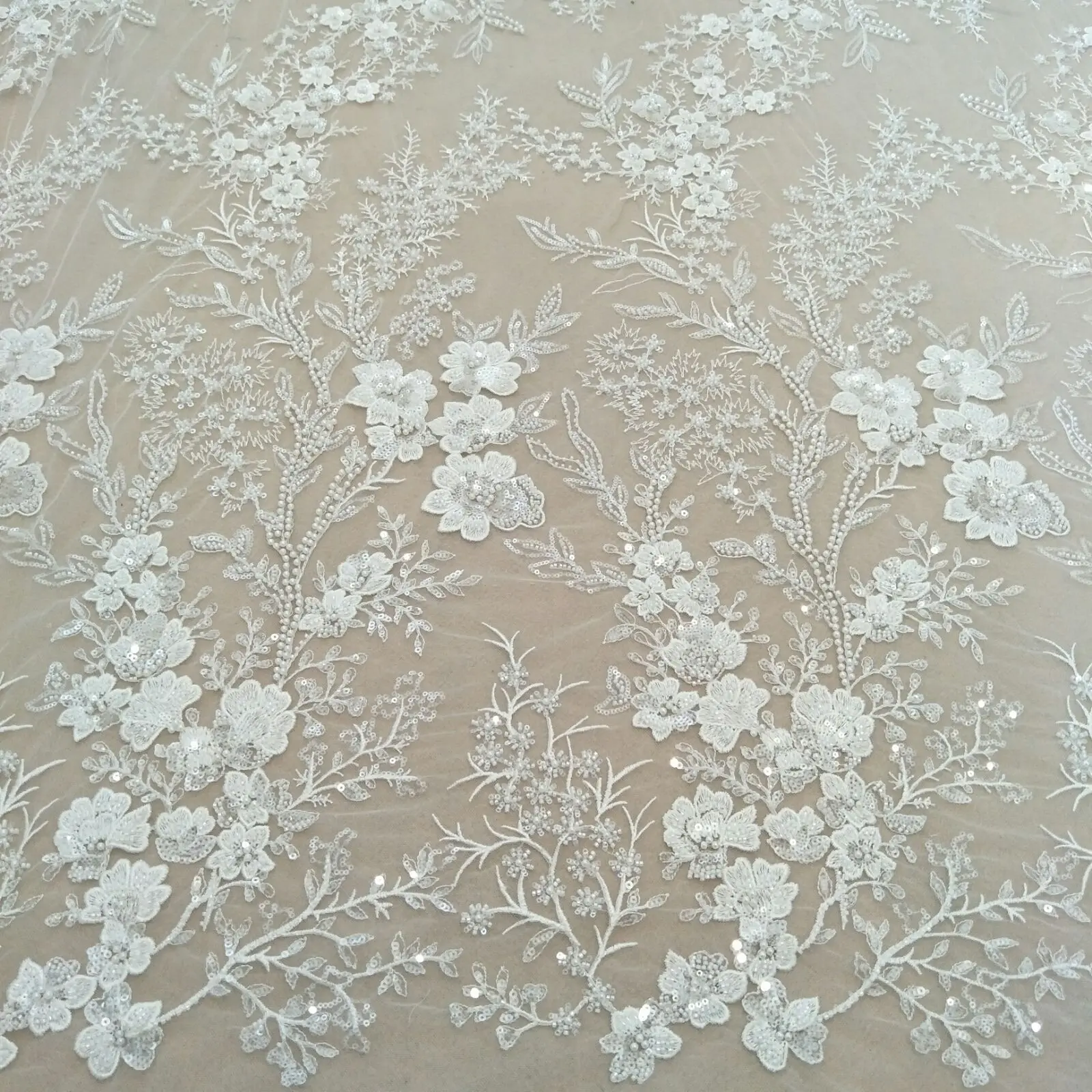 New arrival sequins lace fabric with beads 130cm width dress lace fabric sell by yard