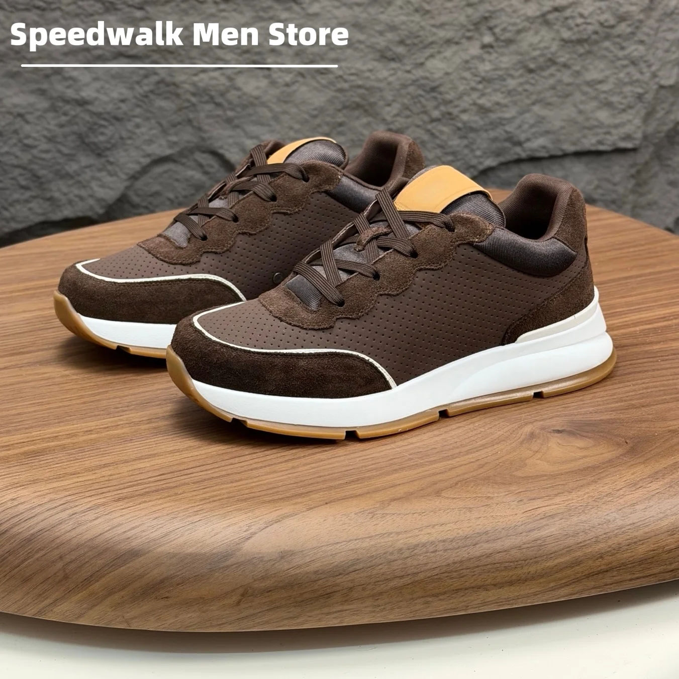 Men Wavy Edge Patchwork Retro Sneakers Perforated Leather Suede Mix Lace Up Anti Slip Gum Thick Sole Daily Walking Casual Shoes