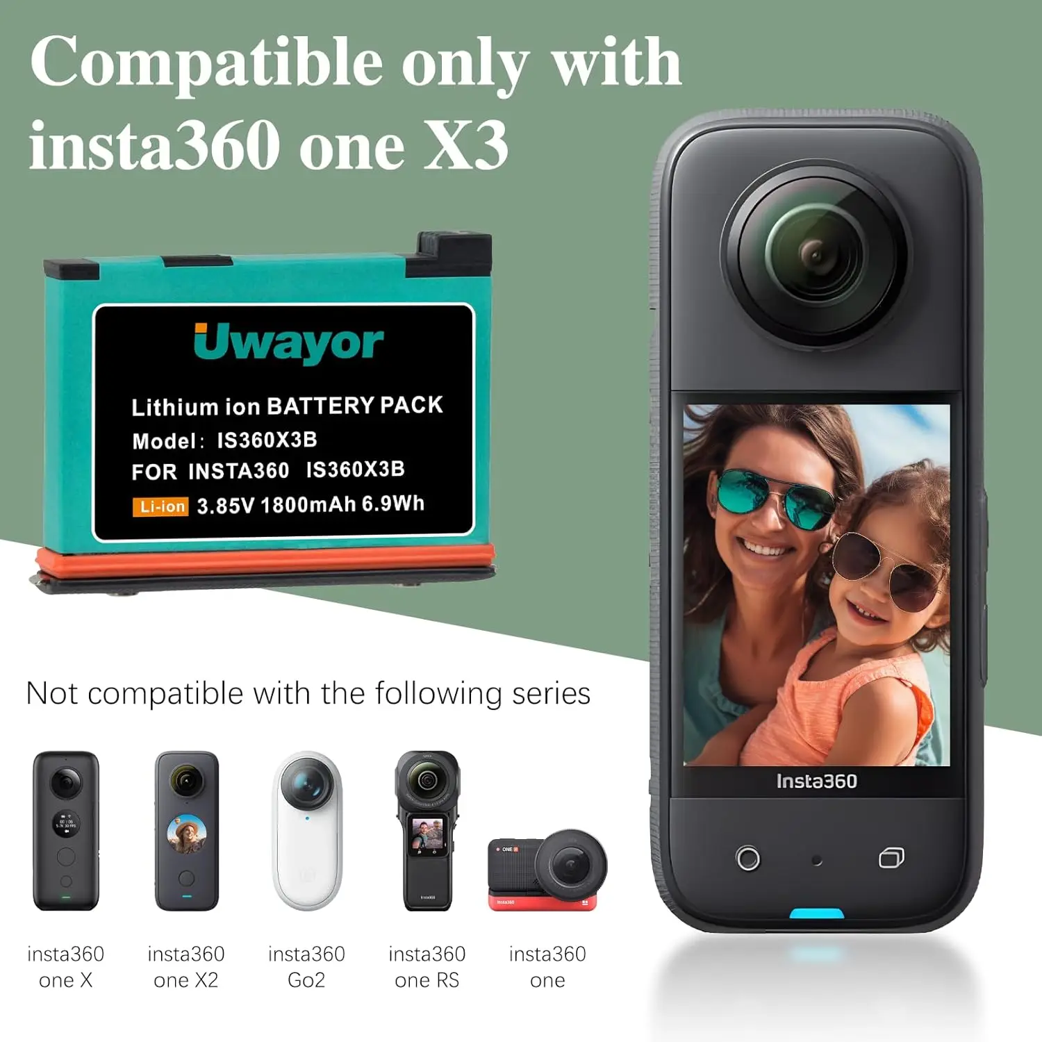 UWayor 1800mAh Battery + Dual Card Slot Charging Case for Insta360 ONE X3 360 Panoramic Action Camera Batteries Accessories