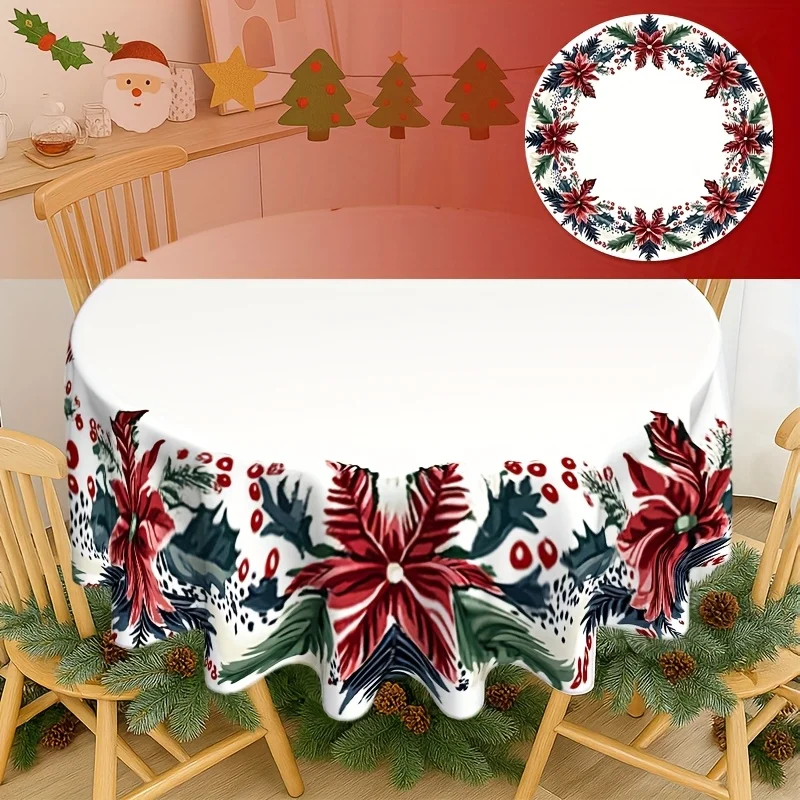 1 round tablecloth decorated with Christmas red, holly leaves and berries - Christmas table cover