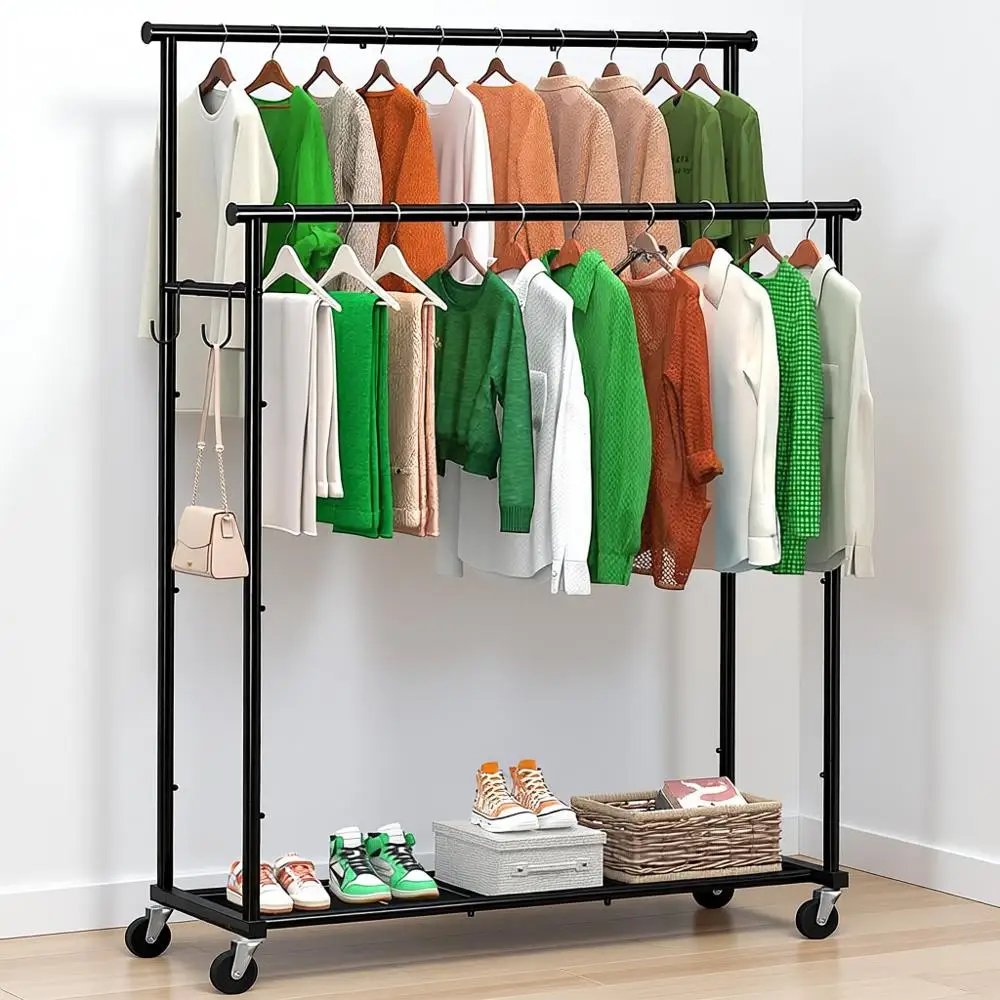 

Double Rods Clothes Rack with Wheels, 45 Inch Rolling Clothing Rack, Heavy Duty Garment Rack with Shelves, Metal Portable Closet
