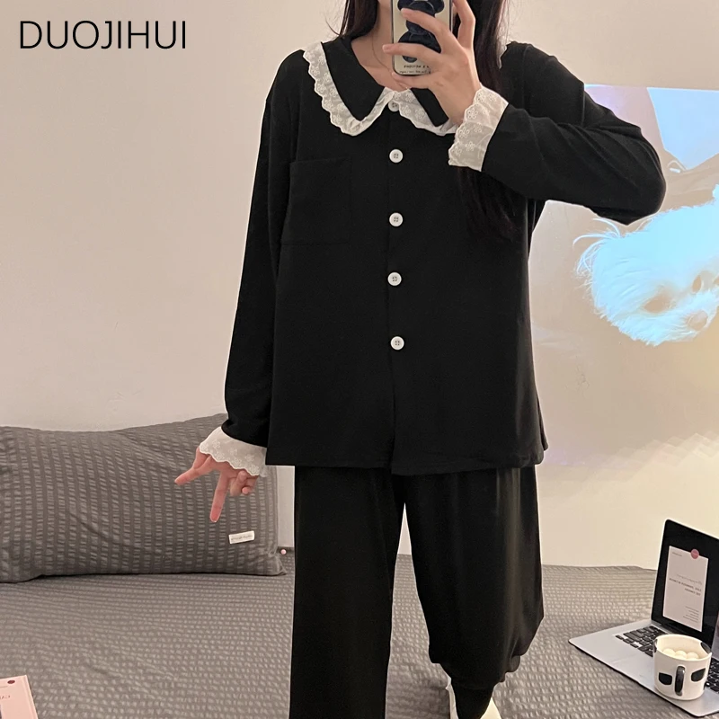 

DUOJIHUI Black Two Piece Chicly Lace Loose Pajamas for Women Basic Button Cardigan Simple Casual Pant Fashion Female Pajamas Set