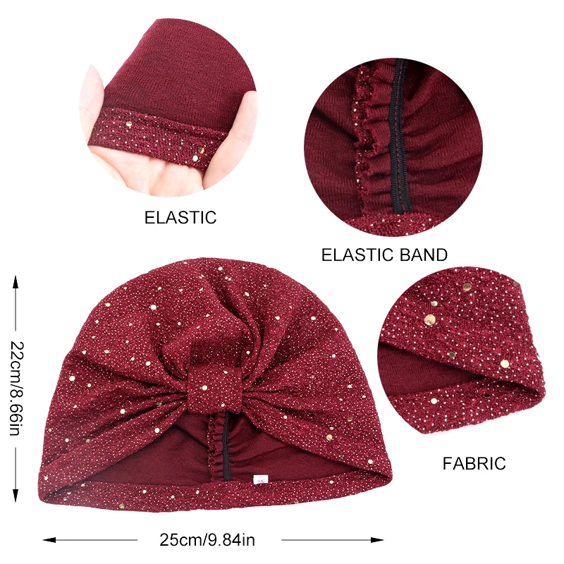 Women\'s Solid Color Sequin Knotted Turban Hijab Chemo Cap Cancer Hat Hair Loss Headscarf Beanie Bonnet Head Wrap Headband Mujer