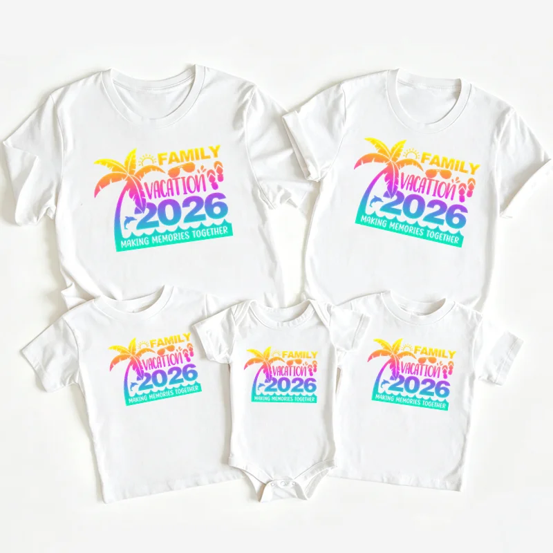 2026 Familien-Urlaubs-Partnerlook T-Shirt mit Tropischer Palmen-Grafik Kurzarm-Shirts für Eltern und Kinder Familien-Look Strand Reise – Detail 3