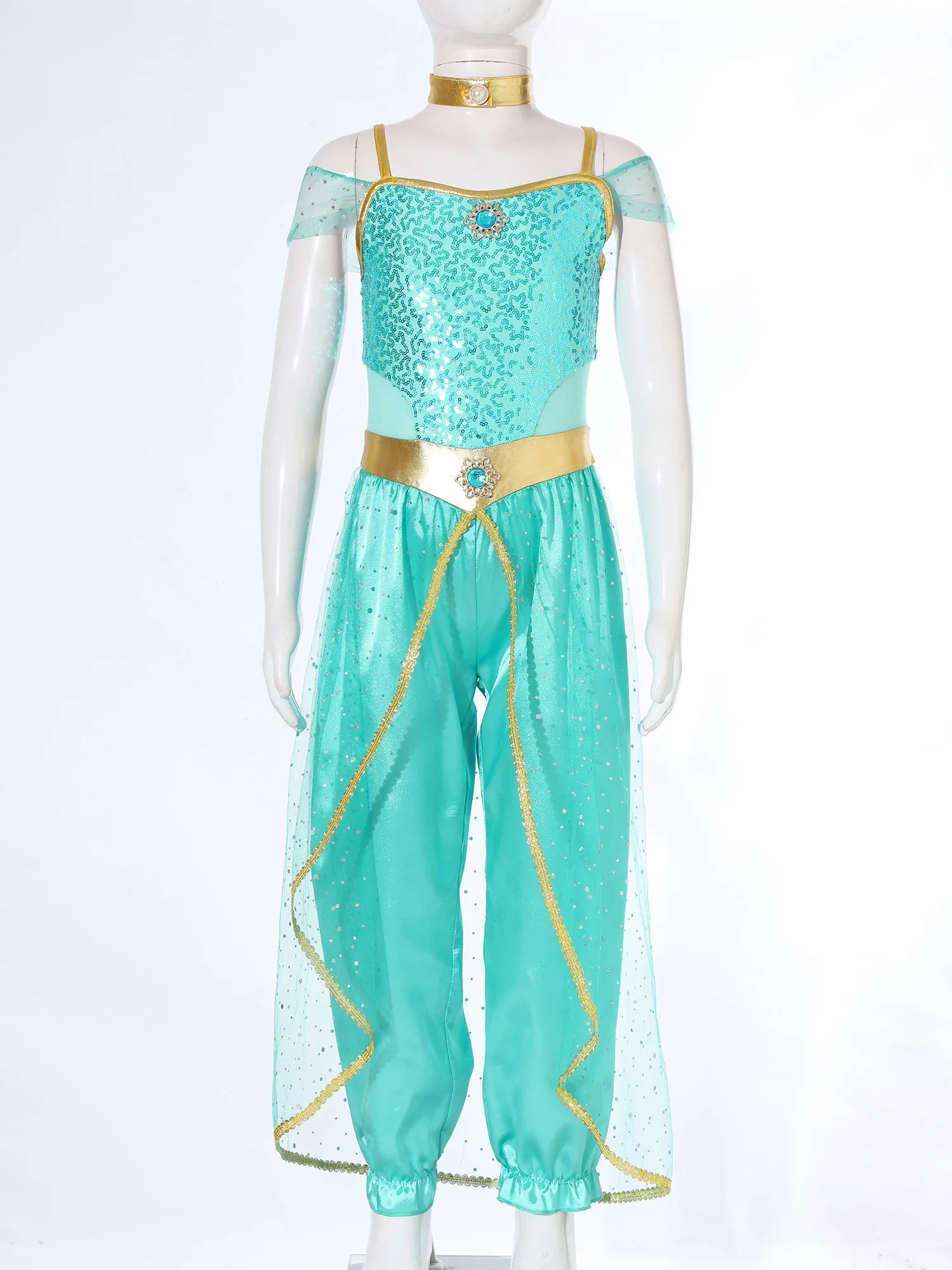 Kids Arabian Princess Fancy Costume for Girls Halloween Cosplay Dress Up Birthday Party Belly Dance Jumpsuit with Choker Outfits