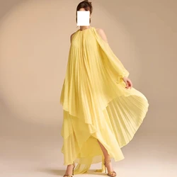 CustomizedSaudi Arabia Evening Gowns Floor Length Straight Crew neck Chiffon Long Sleeves Solid Color Sweep Train Pleats Quincea