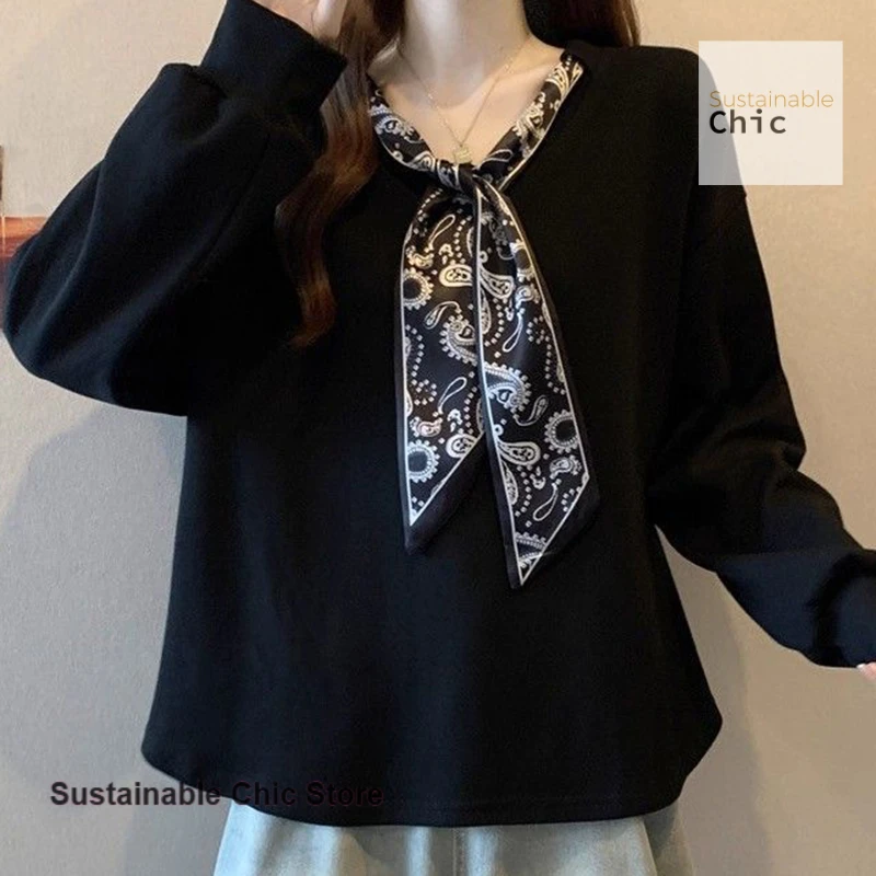 Korean-style scarf collar long-sleeved sweater women's autumn new plus-size temperament high-grade luxury western-style top