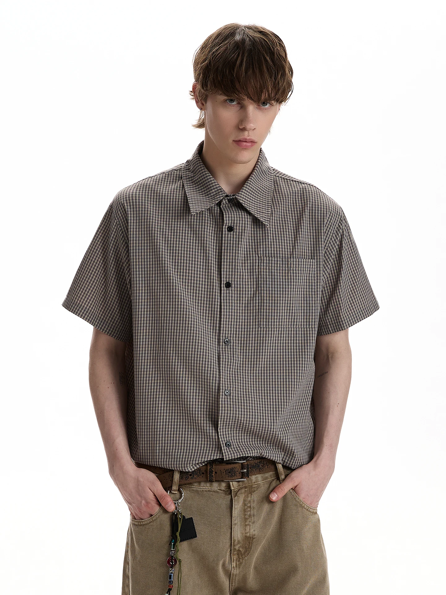 

American Retro High Intelligence Grid Short Sleeve Shirt Cleanfit Commute Versatile Short T-shirt Upper Body Youth Casual Style