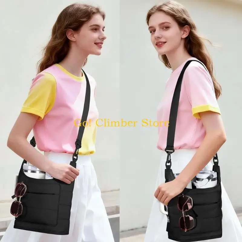 Q84C Crossbody Cup Bag With Two-Cup Interior, Front Storage Pocket, Quilted Exterior, Shoulder Strap, Inner Lining, 8.7 x 5.1 x