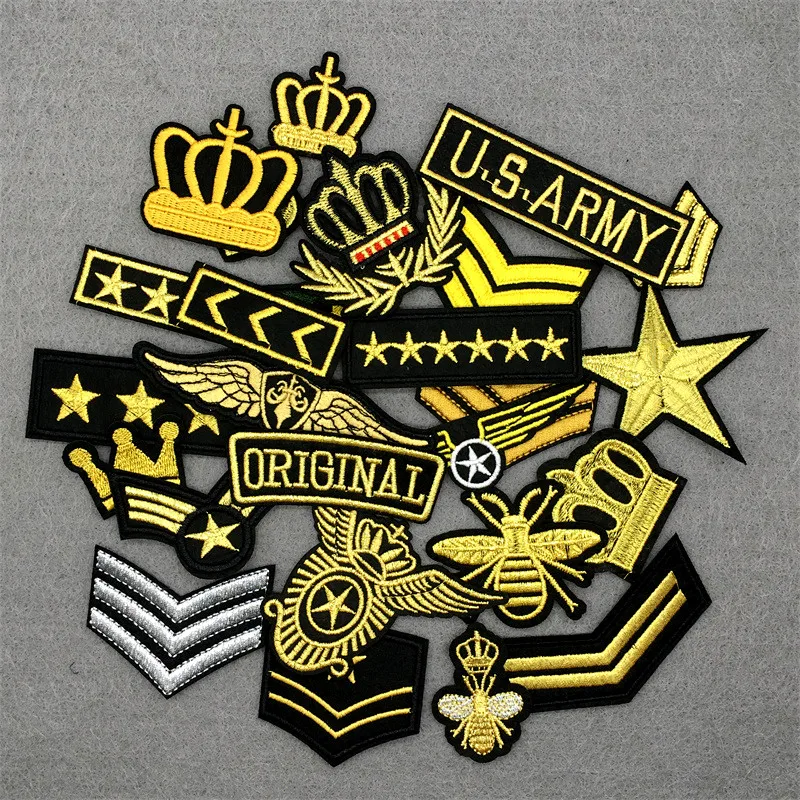 25pcs/lot Crown Army Embroidery Patches on Clothes Stickers DIY Iron-on Sewing Patches for Clothing Applique Golden Silver