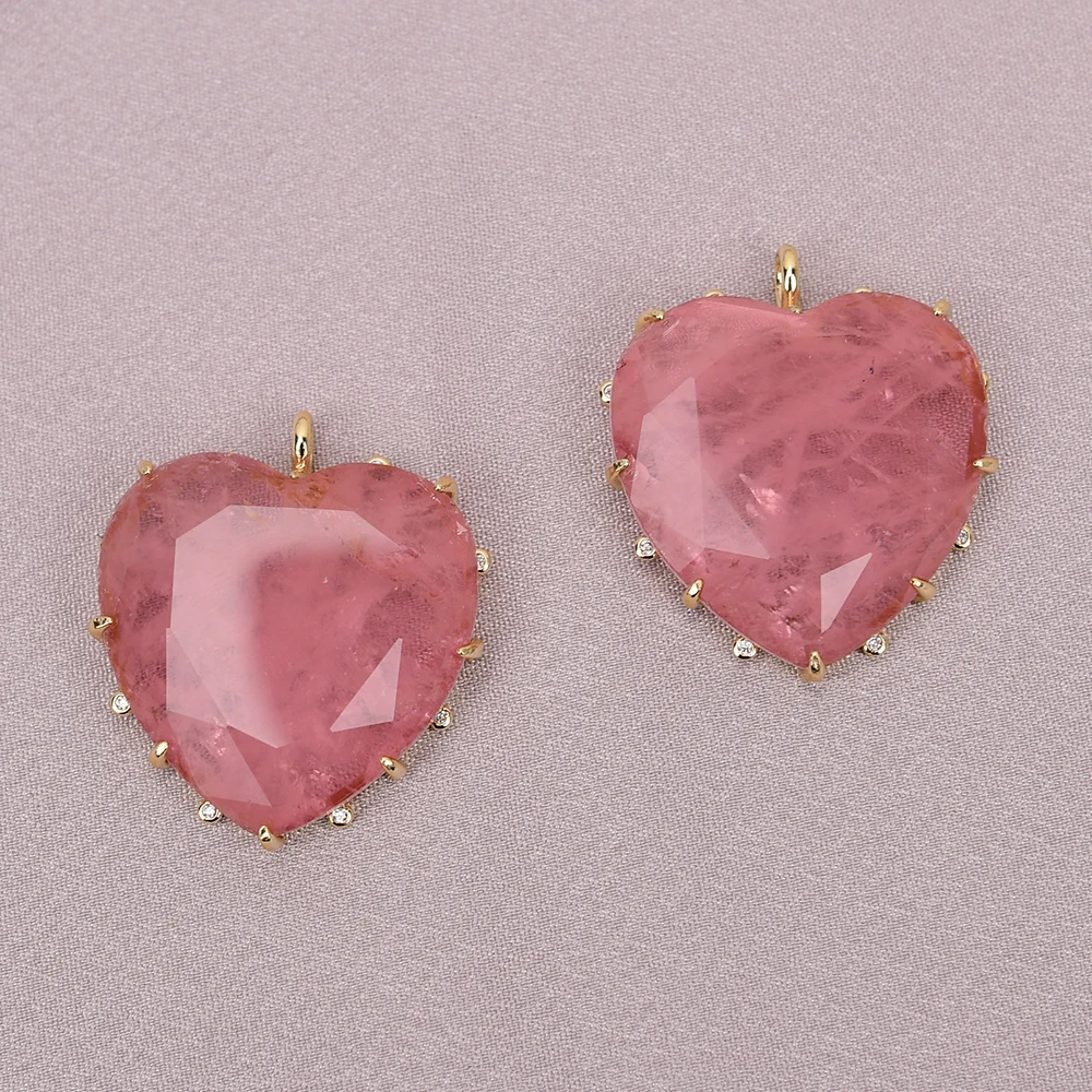 

APDGG 2 Pcs Natural Quartz Stone Heart Shaped Cz Paved Pink Crystal Pendant DIY Fashion Jewelry Necklace Making DIY