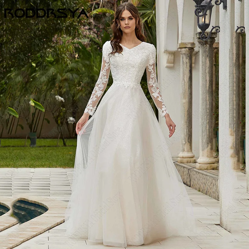 RODDRSYA abiti da sposa in pizzo maniche lunghe civile alta scollo a V vestidos de novia scintillante a-line abito da sposa in Tulle Plus Size Merlaccia sposa abiti lunghi maniche civili alti v collare vestiboli del ti