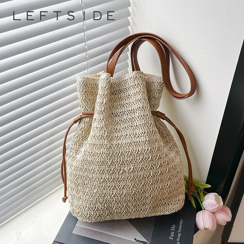 

LEFTSIDE Summer Straw Knitting Bag Woven Tote Bag Solid Beach Shoulder Bag Holiday Travel Handbag Shoulder Purse for Women