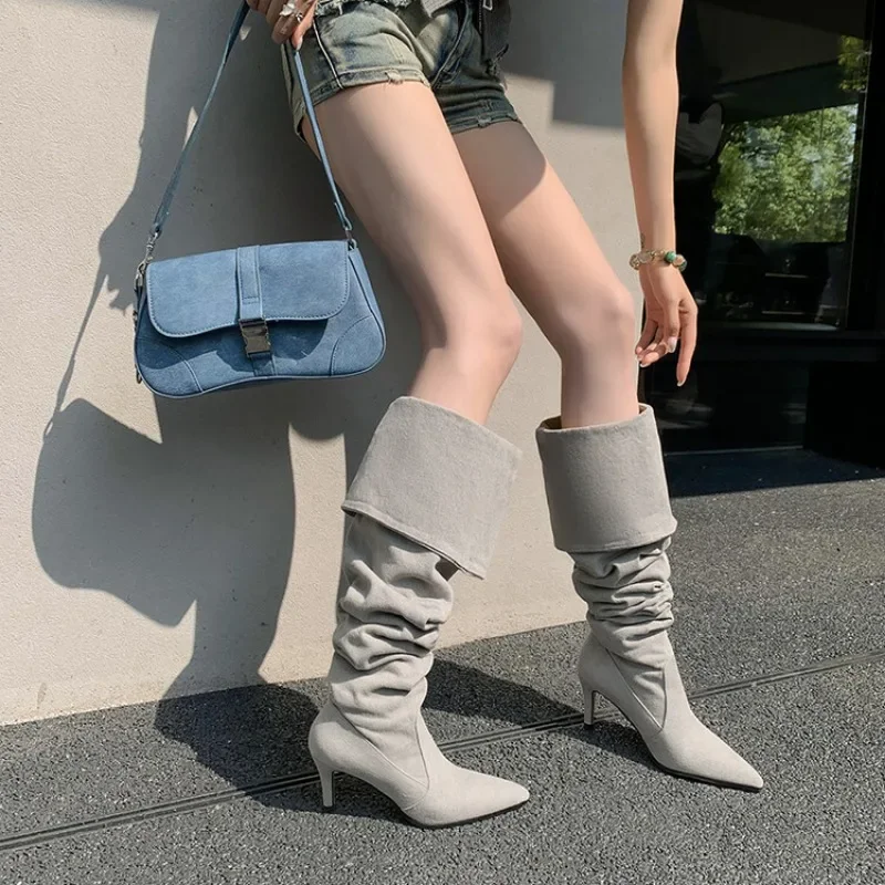 

2024 New Light Gray Denim Boots Folded Over Knee Length European Car Model Stacked 8cm Pointed Spring/Autumn Women's Shoes 34-42