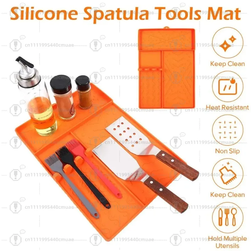 BBQ Mat Spatula Mat for Outdoor Grill Silicone Protector Utensils Holder Tools Holder Drip Pad Easy to Clean Grilling