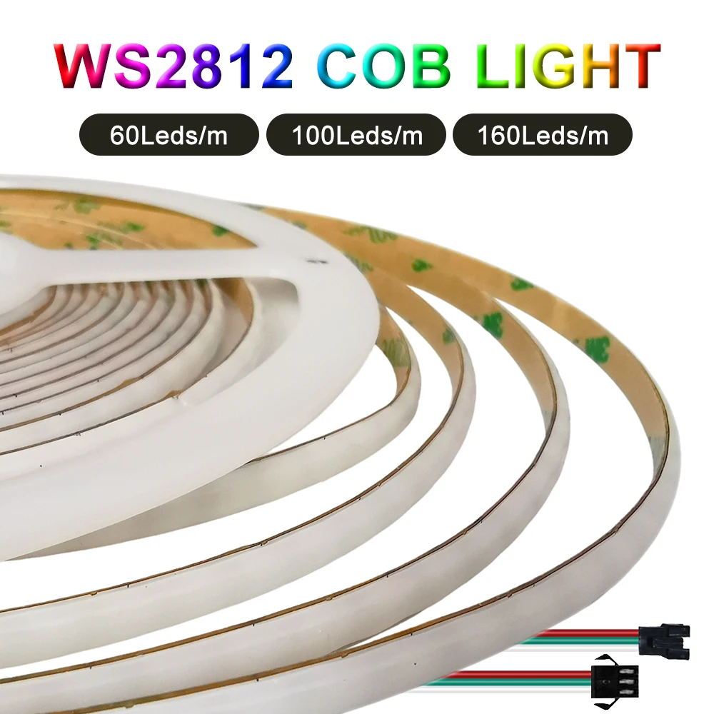 Fita LED COB Endereçável individualmente, Alta Densidade, Smart RGB Dream Color Light, Flexível, DC5V, WS2812B, 60, 100, 160LED/m, 5mm