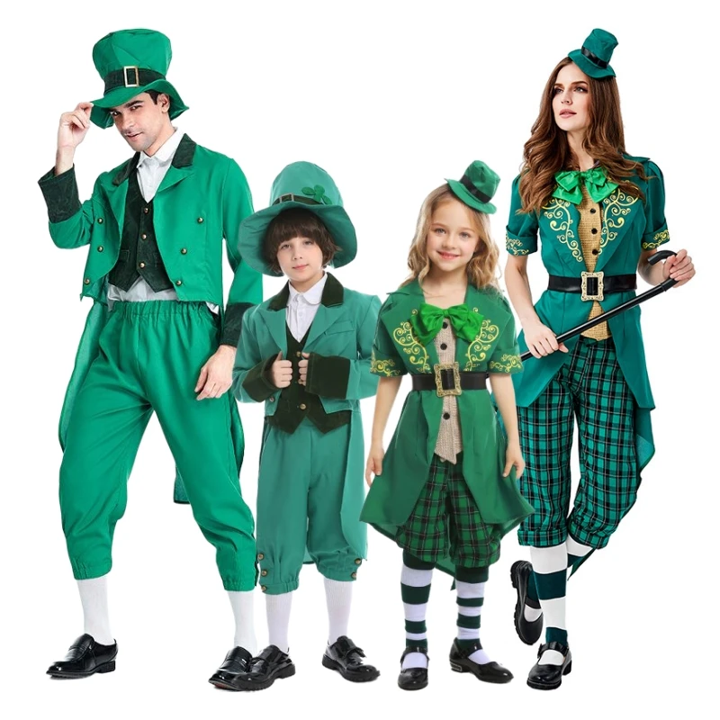 

St. Patrick's Day Irish Goblin Elf Cosplay Costumes for Adults Children Carnival Party Leprechaun Family Cosplay Parade Uniforms