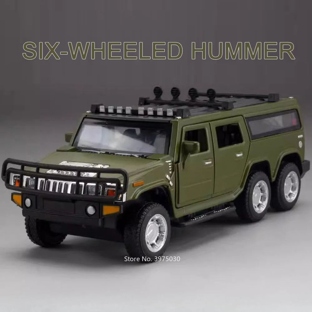 1/32 6 Wheeled Hummer SUV Toy Car Model Alloy Diecast Light Music Pull Back Rubber Tire Off-road Vehicle for Boy Collection Gift