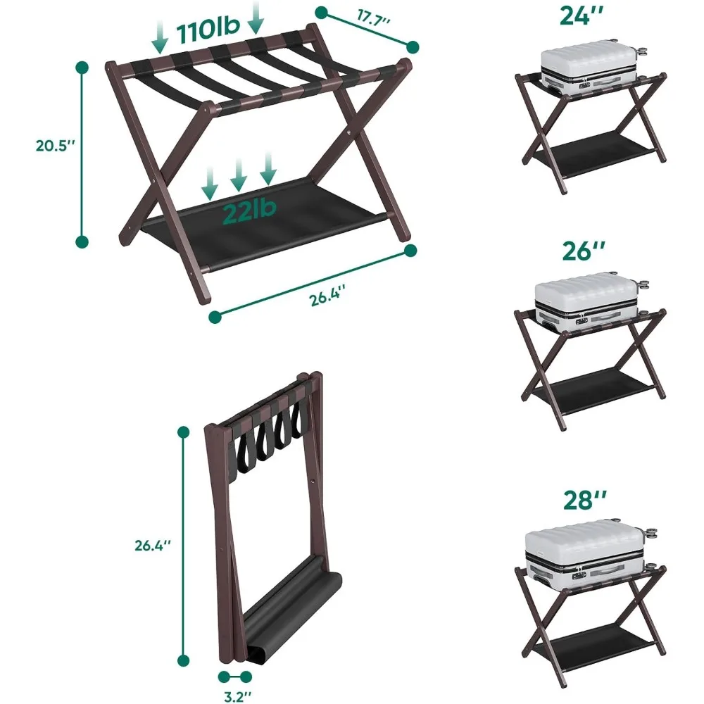 رف أمتعة من الخيزران قابل للطي مع رف تخزين، عبوة من قطعتين، سهل التجميع لاستخدام فندق غرفة النوم #6