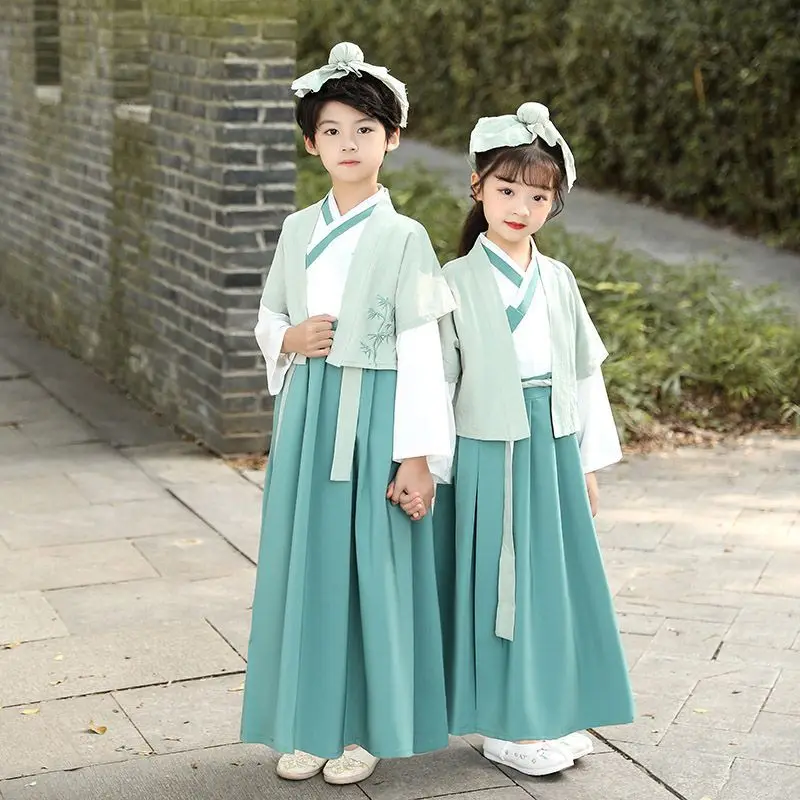 HChinese silk robe Costume Boys Children Kimono China Traditional Vintage Ethnic Students Chorus Dance Costume panda Hanfu