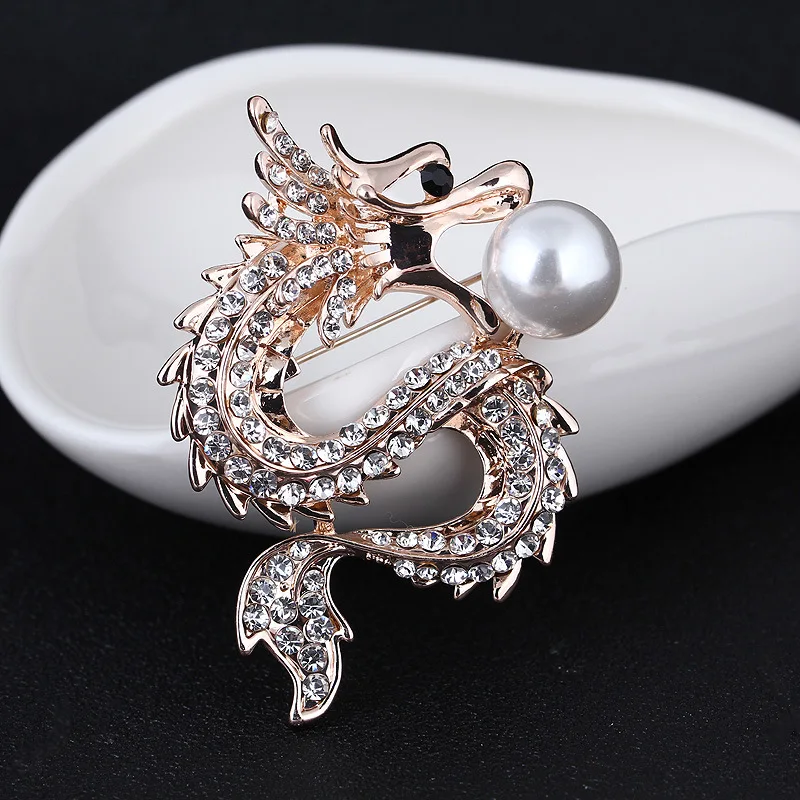 1pc Rhinestone Dragon Faux Pearl Zircon Brooch For Men, JewelryDecoration - Perfect Holiday Party Gift