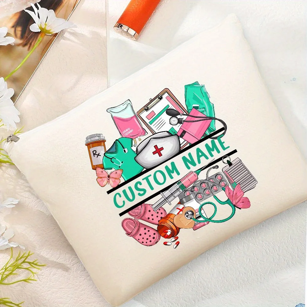 Customizable Nurses' Name Canvas Tote Bag - Lightweight, Zipper Closure, Fashionable Medical-Themed Design with Stethoscope,