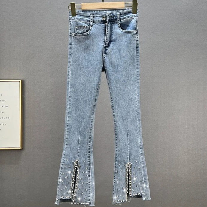 Beading Rhinestone Jeans Women Stretchy Skinny Denim Jeans Spring Summer Slim Denim Pants High Waist Women Slit Cropped Jeans
