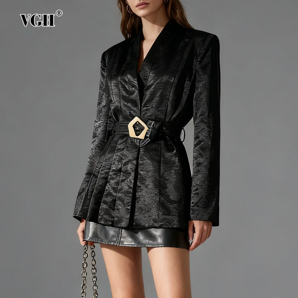 

VGH темпераментная однотонная официальная вечерняя куртка для женщин с лацканами и длинными рукавами, тонкие лоскутные пояса, черные шикарные модные женские пальто