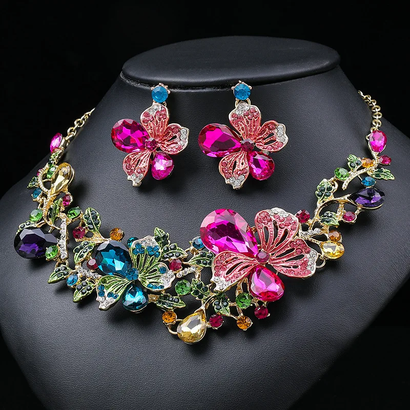 Multicolored Flower Necklace Set Female Gorgeous Bride Necklace Painting Oil Gems.