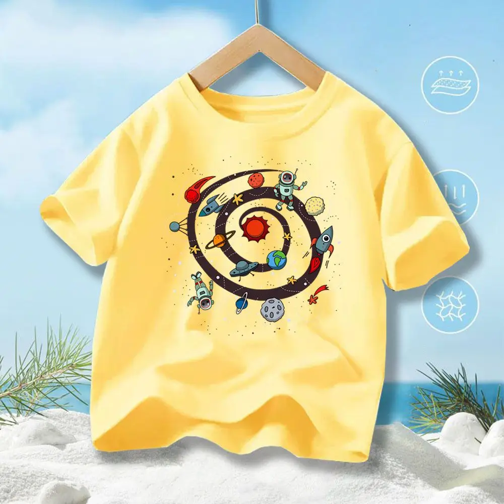 Solar System Planets Space Astronaut Universe Galaxy T-Shirt for Boys' Classic Cute Trendy Tshirts Kids Summer Classic Tops YHY6