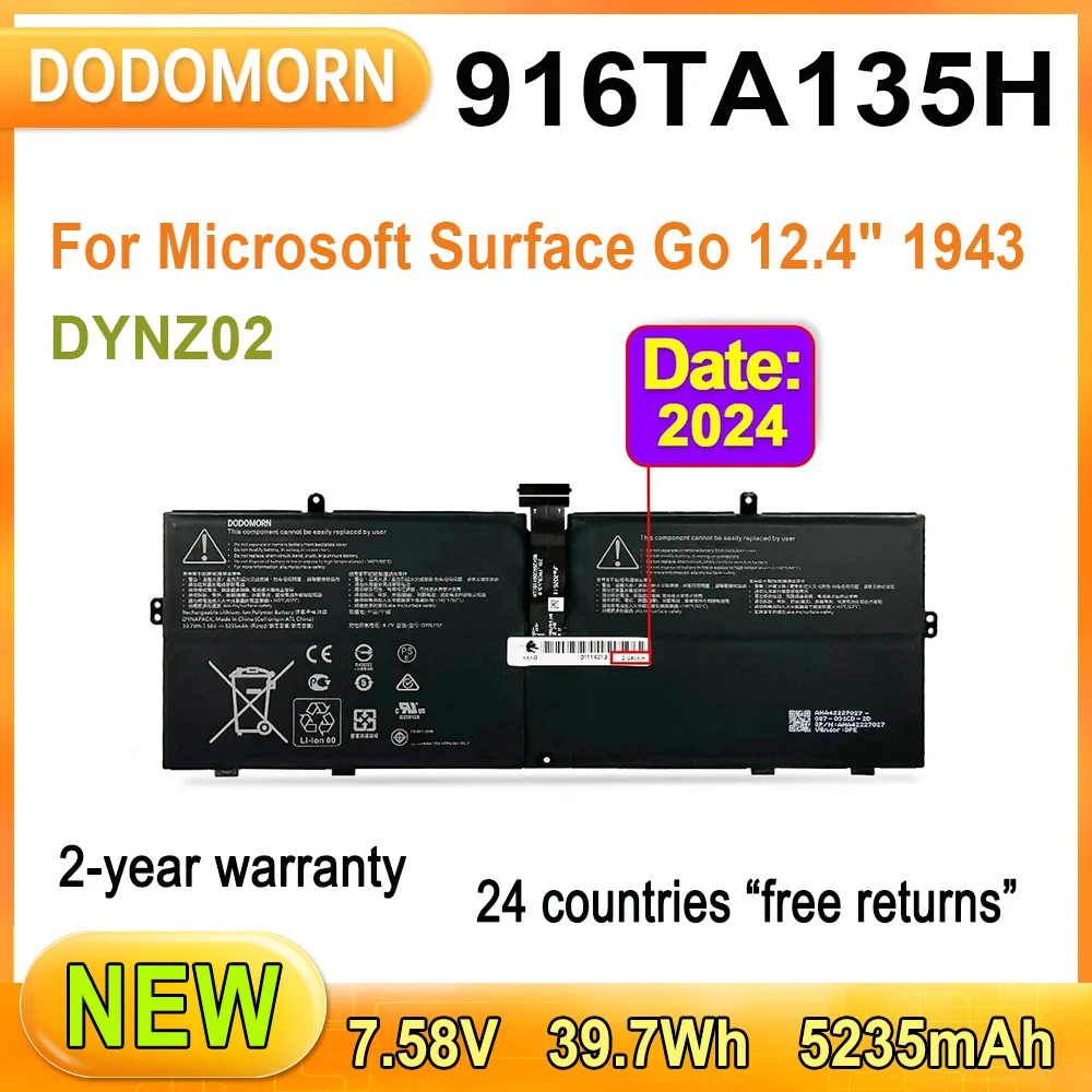 

916TA135H For Microsoft Surface Go 12.4" 1943 Laptop Battery DYNZ02 7.58V 5235mAh 39.7Wh High Quality In Stock 2-year warranty