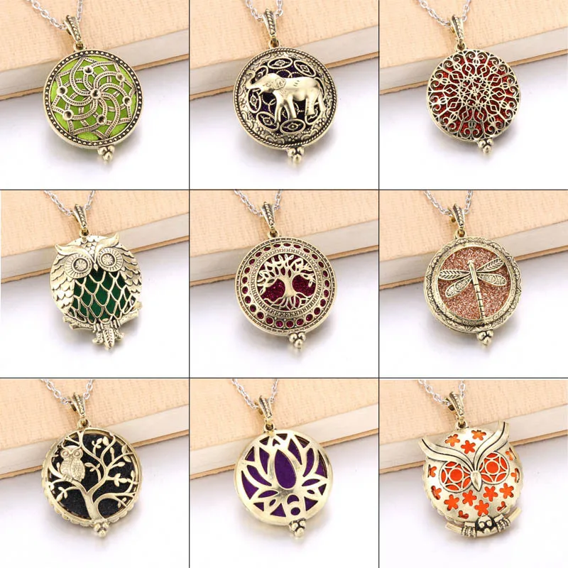 Pendant Perfume Essential Oil Bottle Aromatherapy Necklace Bronze Tree of Life Owl Dragonfly Open Locket Aroma Diffuser Necklace