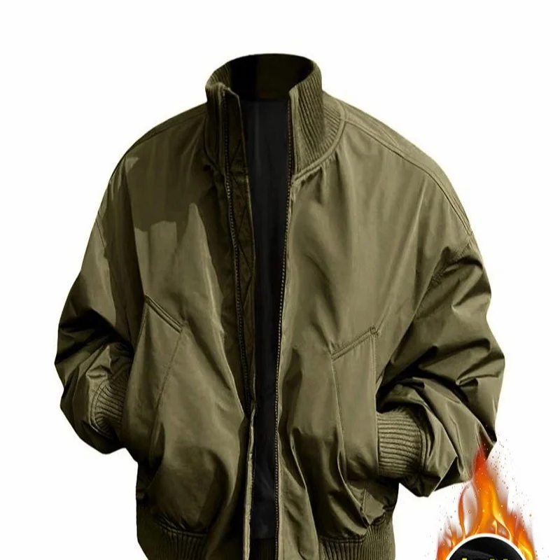 

Winter Stand-Up Collar Flight Jacket High Street Baseball Sweater Fleece-Fluffed Thickened Outerwear