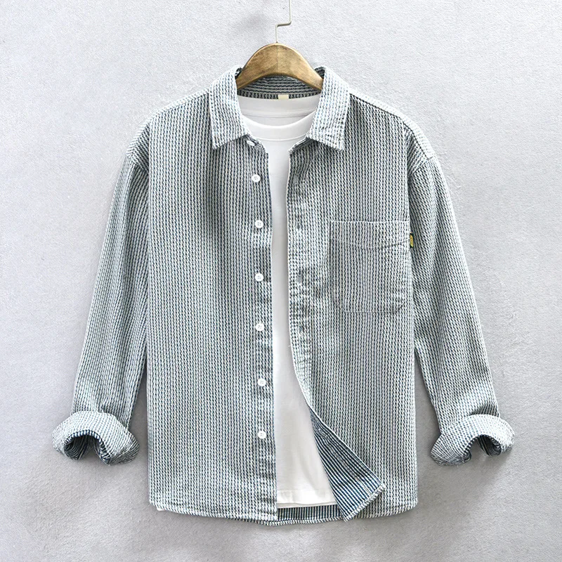 Japan Retro Striped Denim Shirt Men Spring Fall Casual Long Sleeve Jean Shirts 4XL Lapel Pocket Loose Male Shirts High Quality