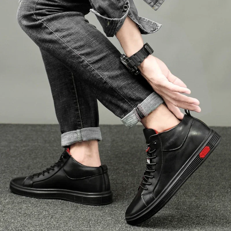 High Quality British Style Cowboy Boot Genuine Leather Men\'s Boots Plush Warm Winter Boots Men Boots Fashion Soft Sole Sneakers