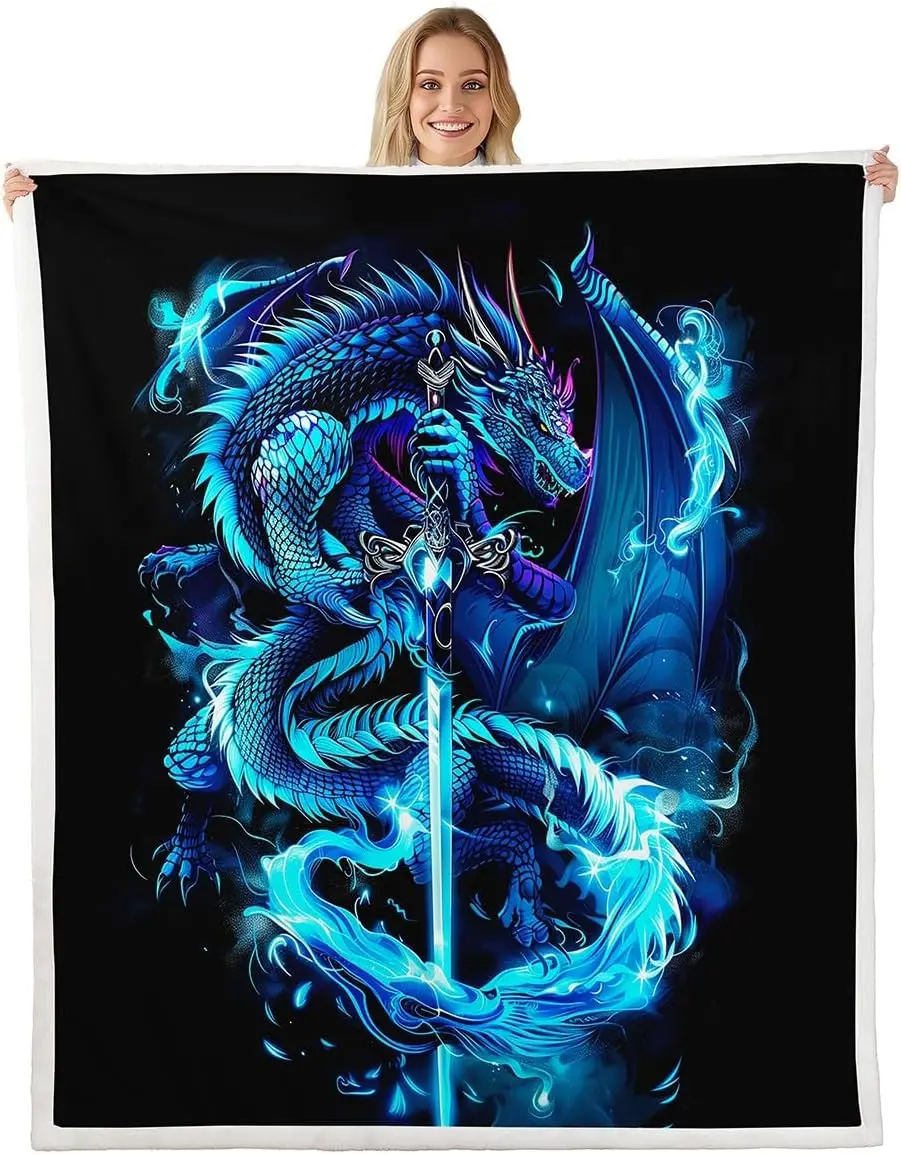 Fantasy Dragon Blanket Throw,Teal Blue Western Dragon Fleece Blanket for Boys Kids,Gaming Gamer Blankets and Throws,Video Game