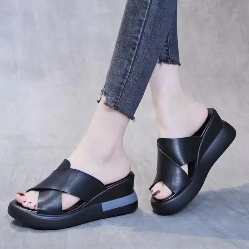 

Summer New Style Fashion Thick Bottom Slope Heel Women's Sandals with One Line Buckle Casual Open Toed Fish Mouth Women's Shoes