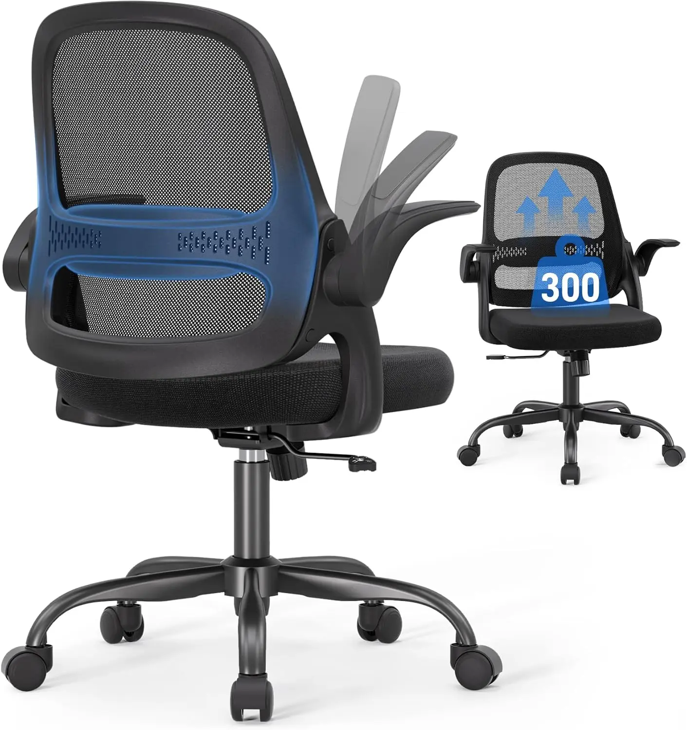 

Ergonomic Mesh Office Chair with Flip-Up Arms, Breathable Back & Thick Cushion, Swivel Rolling Desk Chair, Supports 300 lbs