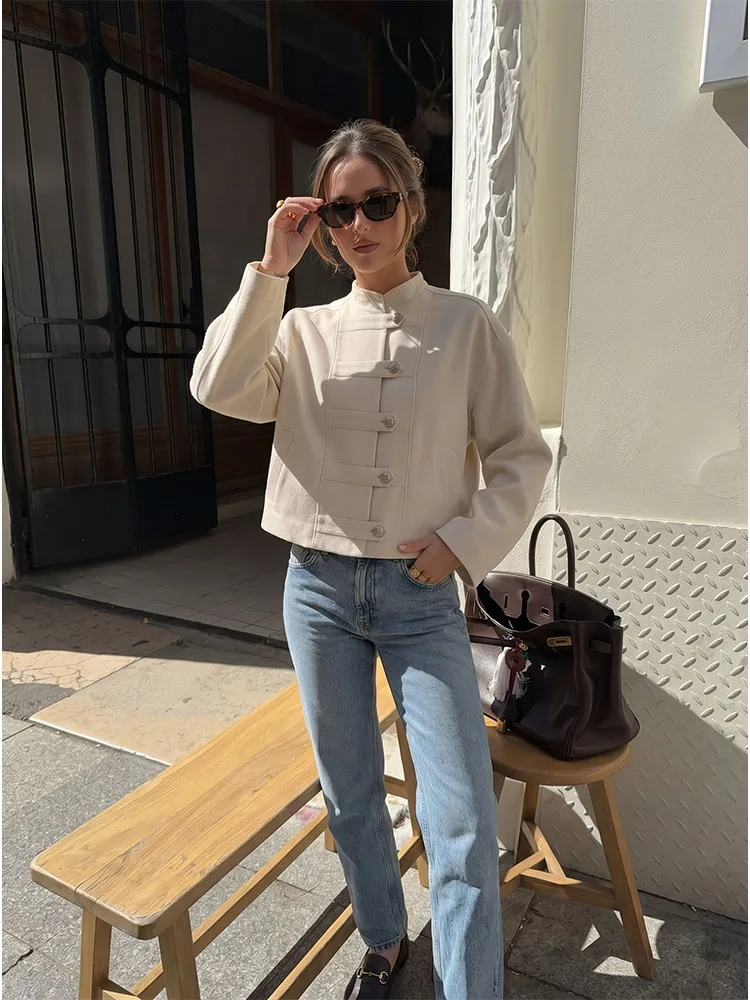 HH Women Summer Spring New Chinese Old Money Cream Jacket Spring Mandarin Collar Frog Button Cropped Lightweight Outerwear