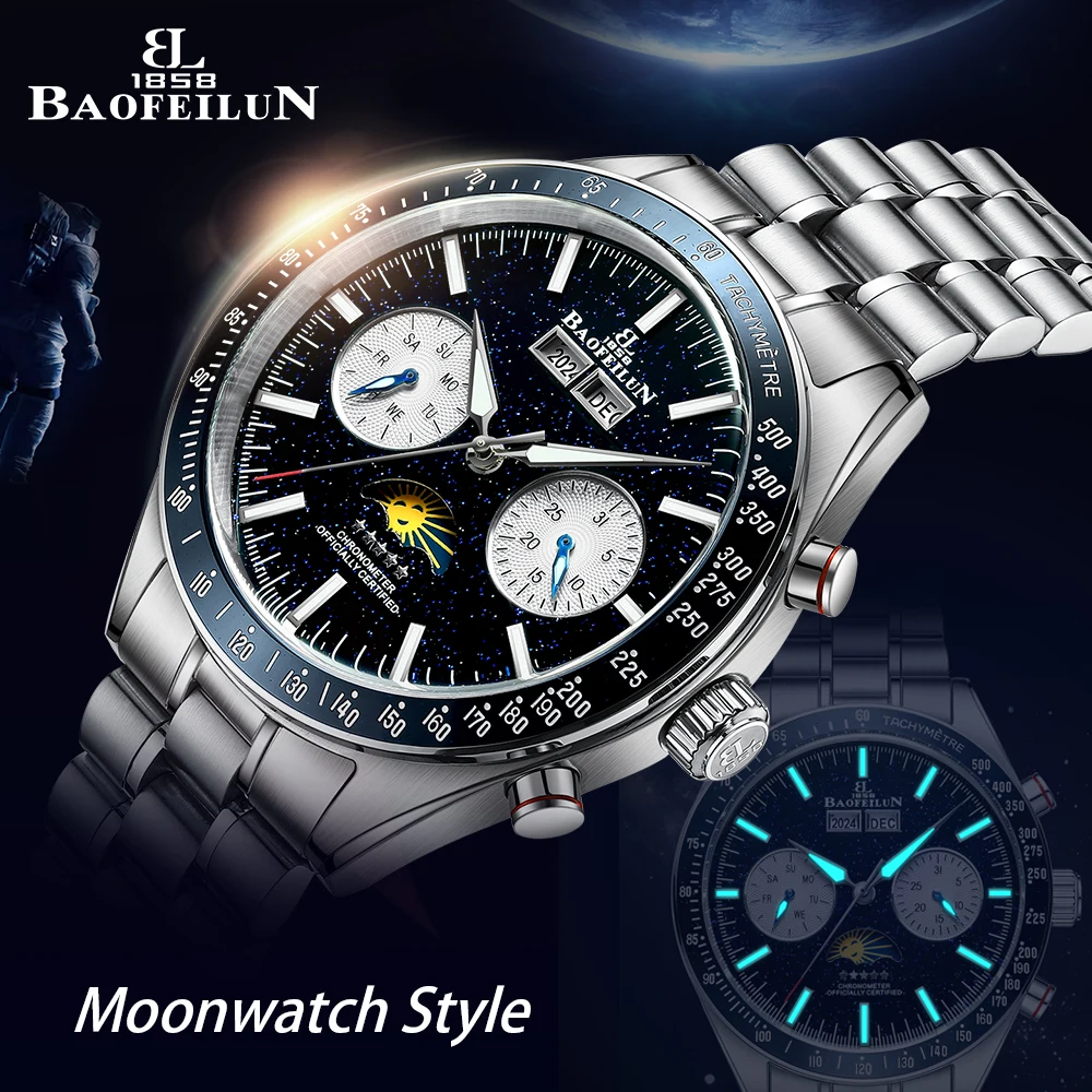 

BAOFEILUN Moonwatch Style Automatic Watches for Men Luminous Full Calendar 42MM Galaxy Dial Mineral Crystal 3ATM Luxury Gift