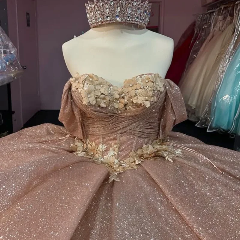 

Shiny orange Quinceanera Dress off-shoulder Lace glitter 3D flower decal Long tail vestidos de 15 Quinceanera ﻿Customize