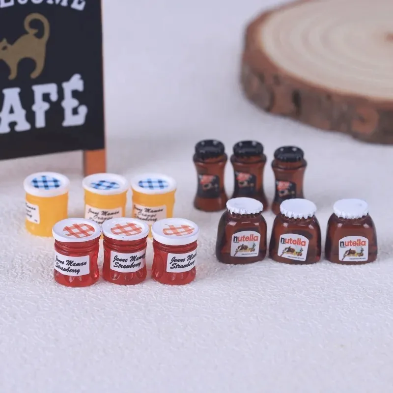 Mermelada de fresa en miniatura de simulación, mermelada de melocotón amarillo, salsa de Chocolate, botella de café instantánea, adornos de resina para casa de muñecas, 10 Uds.