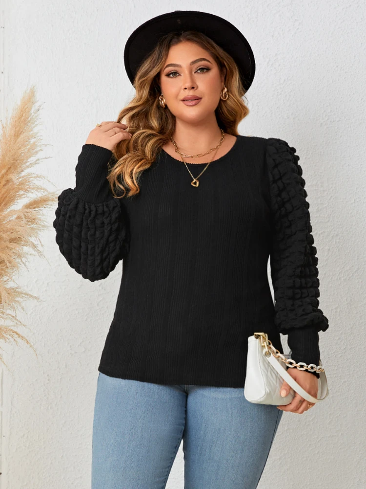 

Black O Neck Tops for Women Long Lantern Sleeves Folds Casual Loose Pullover Slim Fashion Elegant Simple Plus Size T-Shirts 4XL