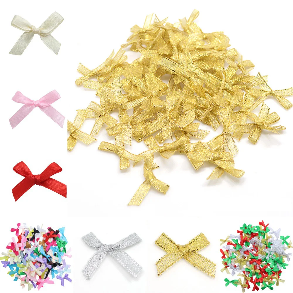 100pcs DIY Gift Decoration Polyester Ribbon Bow  Gold And Silver Color Mini Ribbon Bows For DIY Jewerry Underwear Decoration