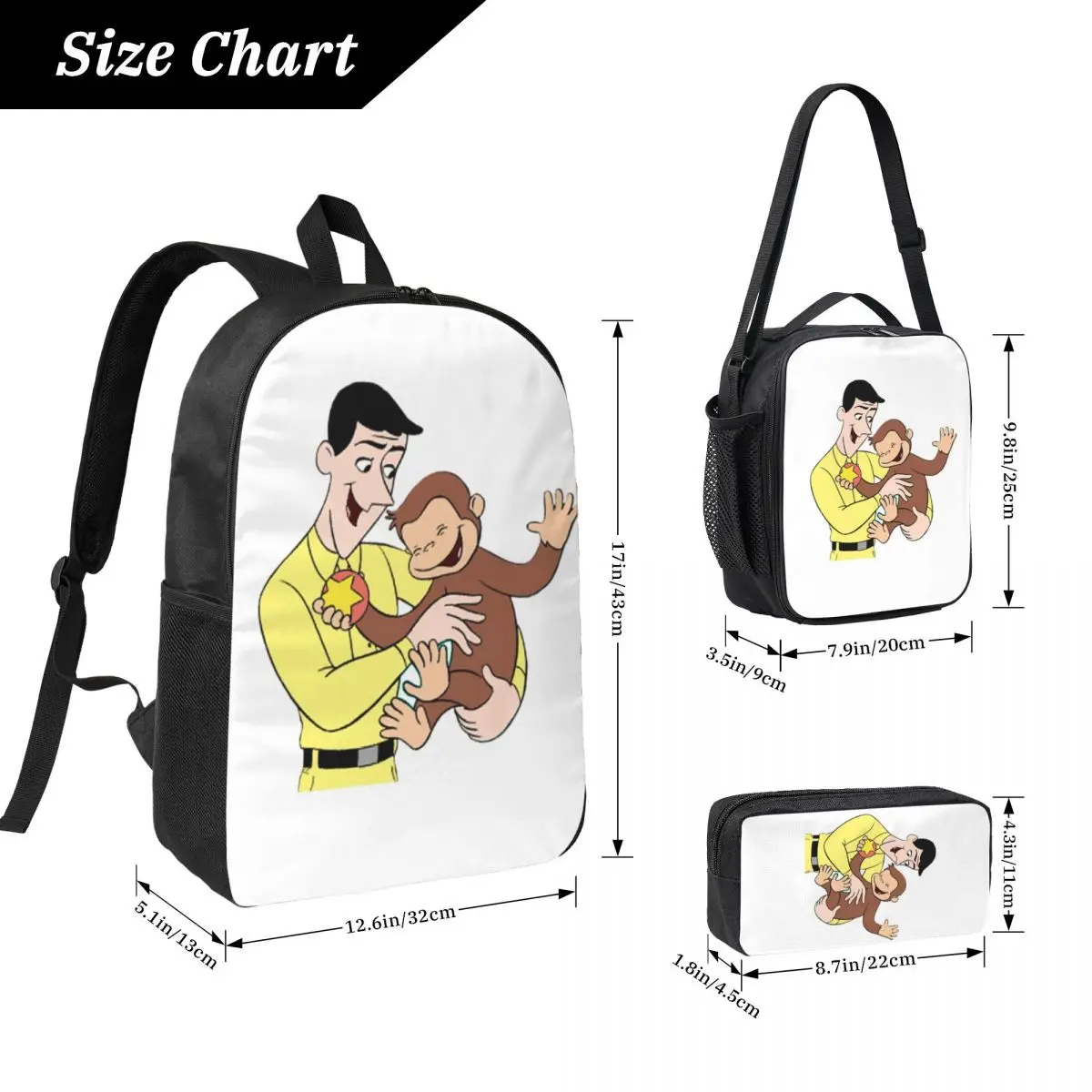 Curious George Backpack Student Boys Girls BookBag School Bag Laptop Shoulder Bags 3ps Insulated Lunch Bag Pencil Case