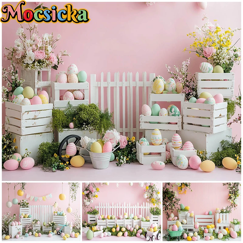 Mocsicka Easter Background Photography Egg Carrot Rabbit Decorations Pink Blue Wall Spring Backdrops Shooting Props Photo Studio