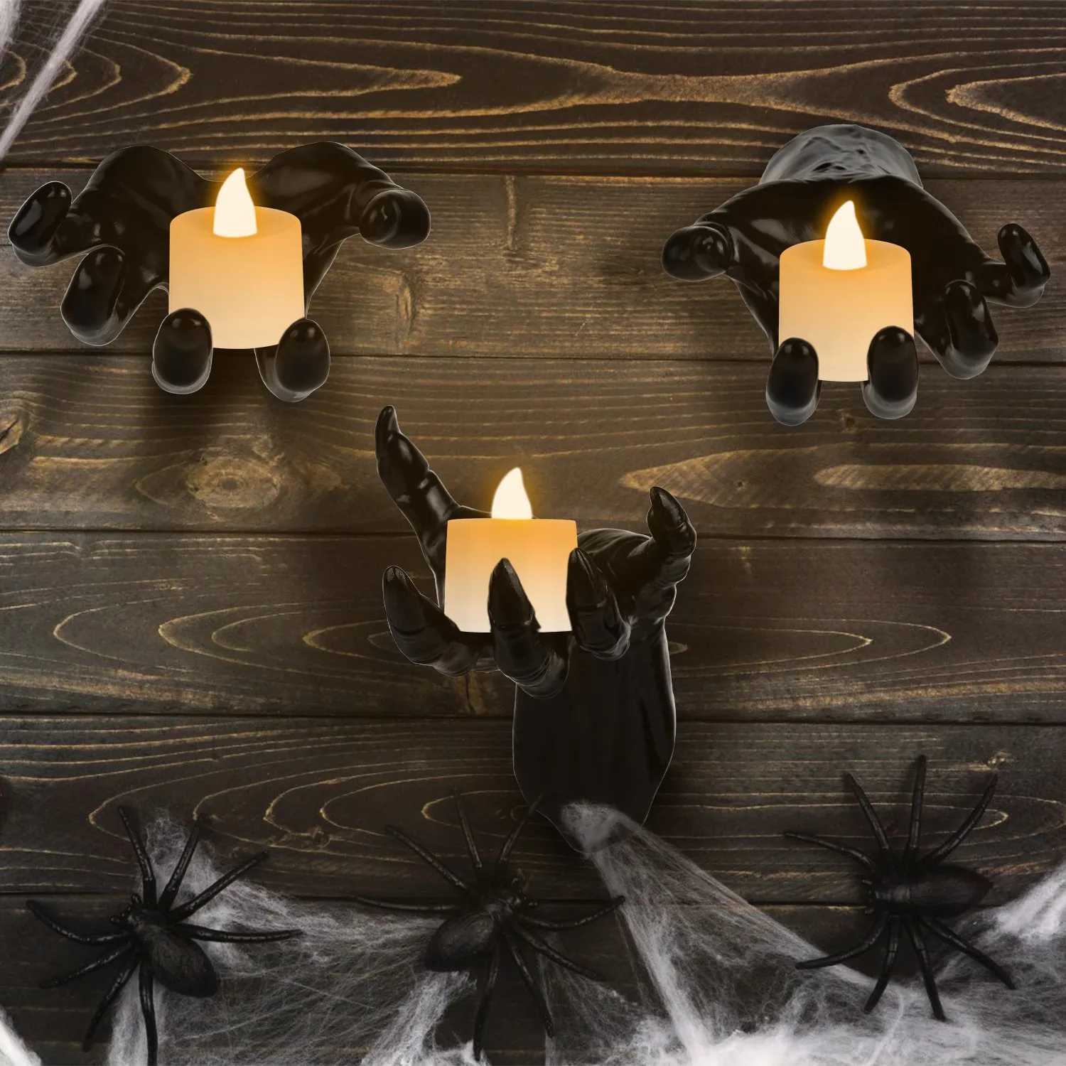 3Pcs Creepy Hands With Lighted Candles Wall Mounted Halloween Decoration Witch Devil Hand Horror Hands Hanging Sculpture