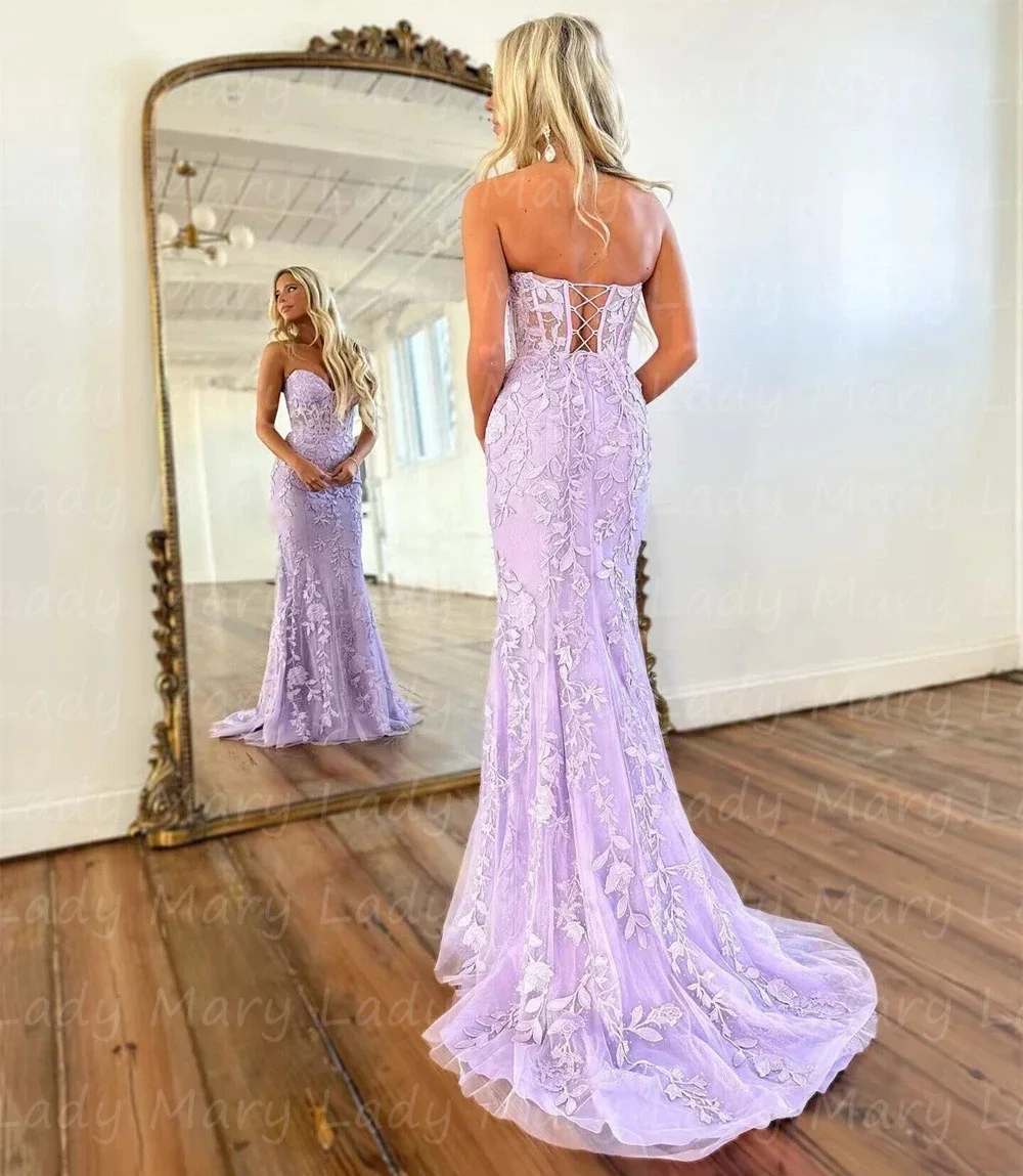 New 2023 Vintage Lilac Lace Party Dresses Mermaid Sweetheart Collar Decal Back Formal Occasion Evening Dresses Wedding Party