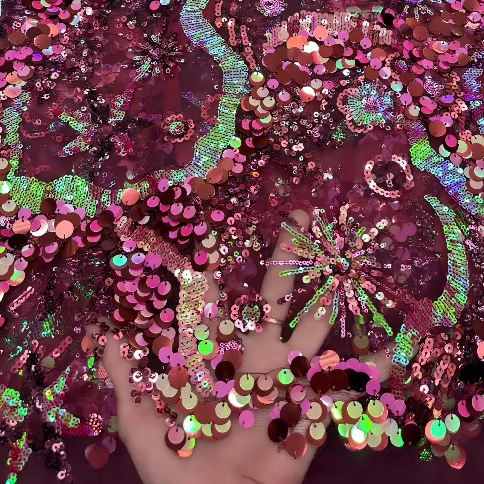 

Magenta Laser Style Sequin Embroidered Mesh Fabric Large Pattern Bead Tulle for Wedding Dress Performance Gown DIY Sewing Fabric