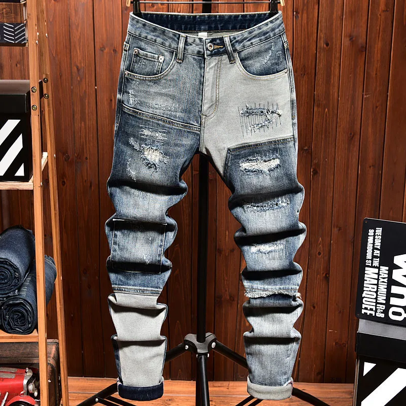 

New trendy brand high end jeans MEN'S slim fit straight leg fashionable trendy casual hole patch spliced biker denim pants